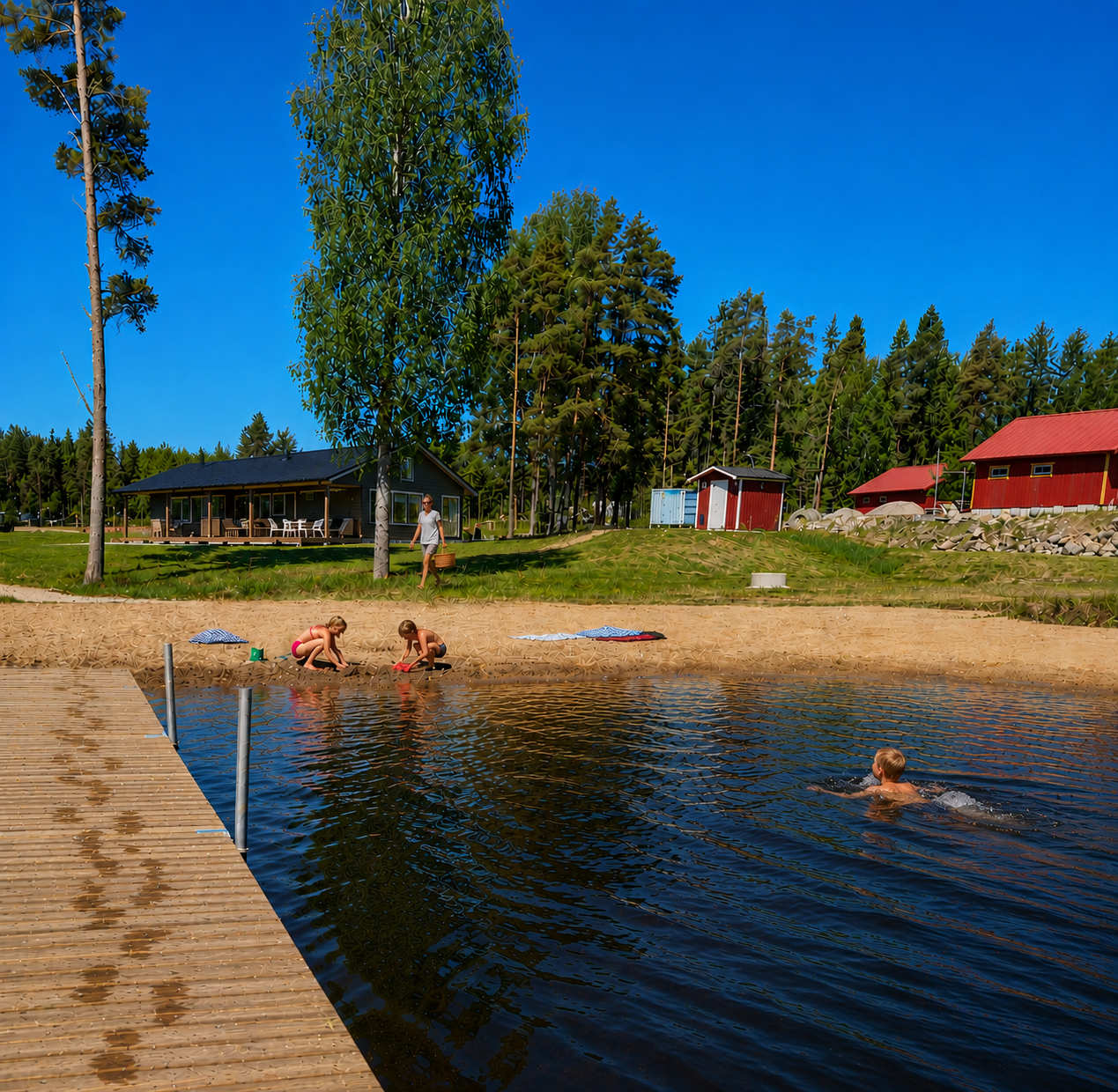 Barnfamilj vid vattnet